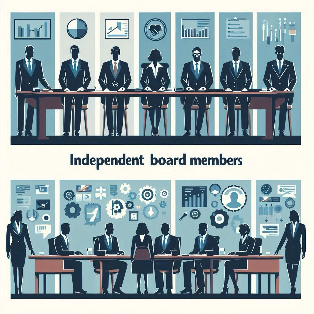Illustration of independent board members, showing directors around a board table with charts and different areas of expertise.