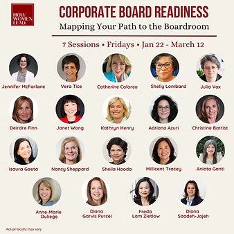 Corporate Board Readiness: Mapping Your Path to the Boardroom. Seven-session workshop graphic featuring Nancy Sheppard and other faculty.