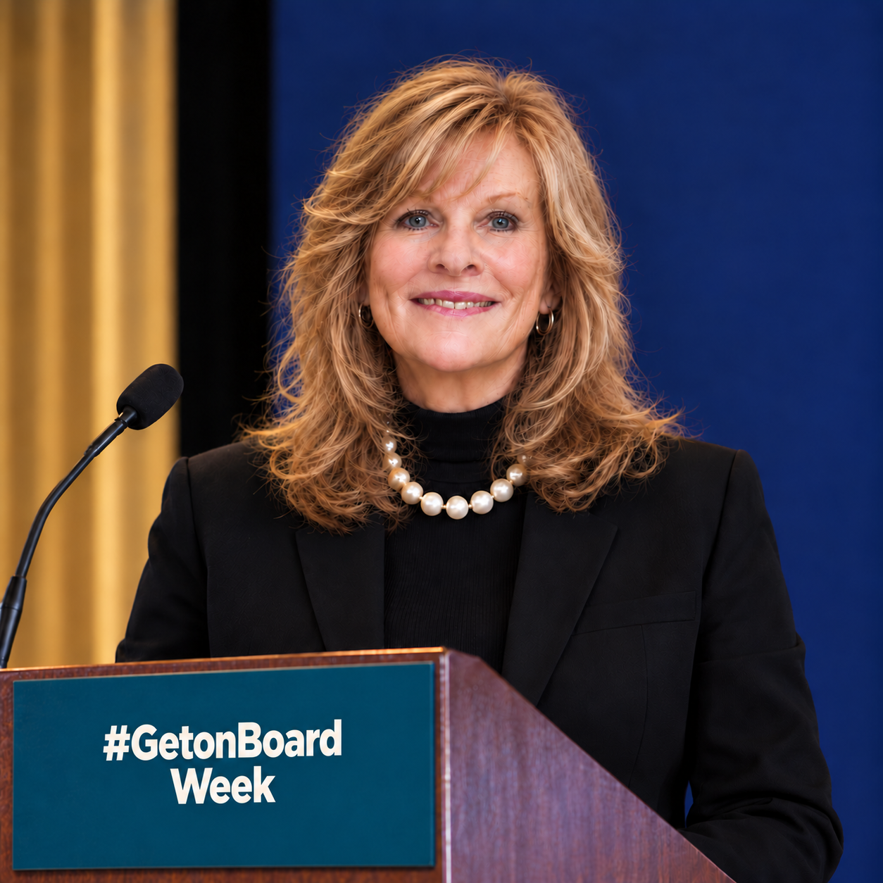 Nancy Sheppard at a lectern with a microphone and a #GetonBoard Week sign.